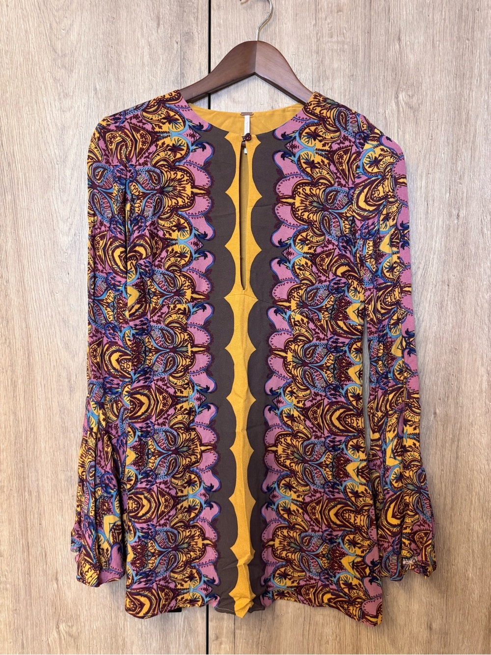 Free People Women’s Retro Long Bell Sleeve Multicolor Keyhole Neck Tunic Dress 0